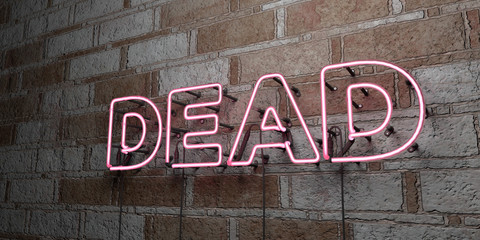 DEAD - Glowing Neon Sign on stonework wall - 3D rendered royalty free stock illustration.  Can be used for online banner ads and direct mailers..