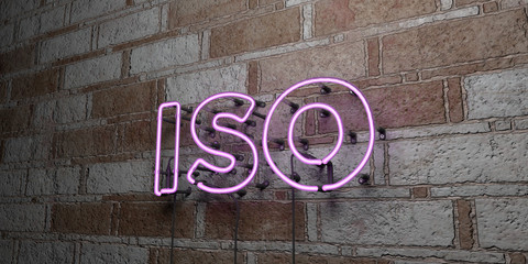 ISO - Glowing Neon Sign on stonework wall - 3D rendered royalty free stock illustration.  Can be used for online banner ads and direct mailers..