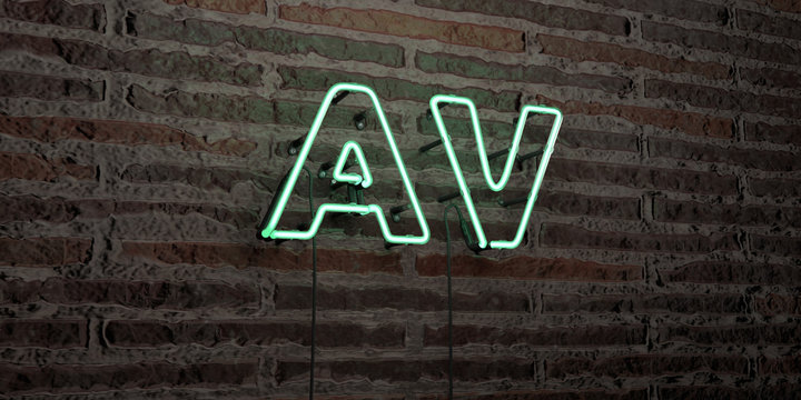 AV -Realistic Neon Sign on Brick Wall background - 3D rendered royalty free stock image. Can be used for online banner ads and direct mailers..