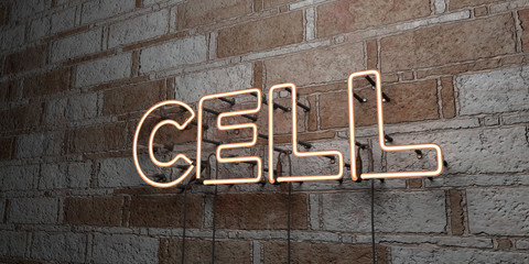 CELL - Glowing Neon Sign on stonework wall - 3D rendered royalty free stock illustration.  Can be used for online banner ads and direct mailers..