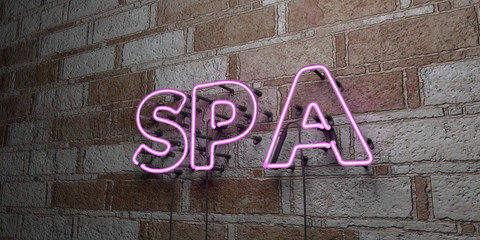 SPA - Glowing Neon Sign on stonework wall - 3D rendered royalty free stock illustration.  Can be used for online banner ads and direct mailers..