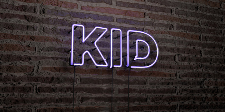 KID -Realistic Neon Sign on Brick Wall background - 3D rendered royalty free stock image. Can be used for online banner ads and direct mailers..