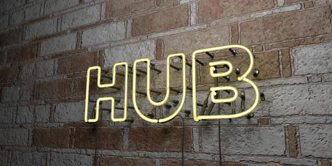 HUB - Glowing Neon Sign on stonework wall - 3D rendered royalty free stock illustration.  Can be used for online banner ads and direct mailers..