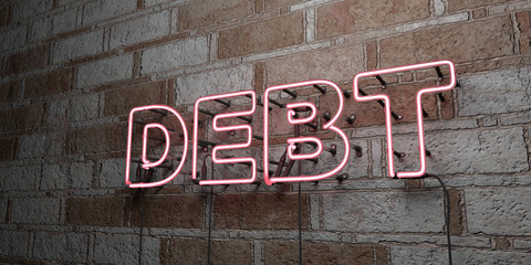 DEBT - Glowing Neon Sign on stonework wall - 3D rendered royalty free stock illustration.  Can be used for online banner ads and direct mailers..