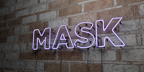 MASK - Glowing Neon Sign on stonework wall - 3D rendered royalty free stock illustration.  Can be used for online banner ads and direct mailers..