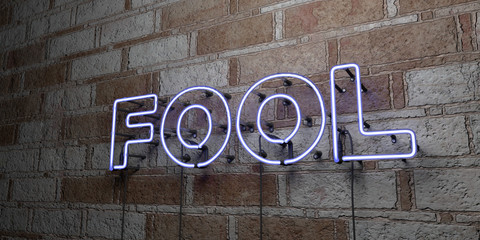 FOOL - Glowing Neon Sign on stonework wall - 3D rendered royalty free stock illustration.  Can be used for online banner ads and direct mailers..