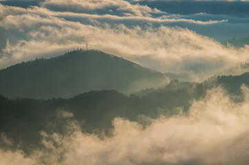 Morning mists in morning Pieniny mountains, autumn, Poland