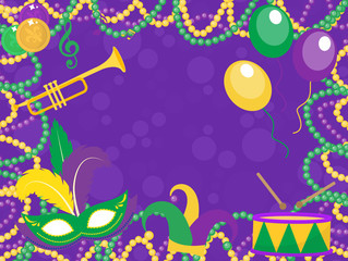 Mardi Gras poster with mask, beads, trumpet, drum, fleur de lis, jester hat, masks, comedy and drama. Mardi Gras Carnival template, flyer, invitation. Fat Tuesday background Vector illustration