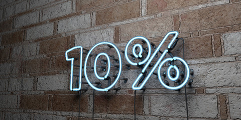 10% - Glowing Neon Sign on stonework wall - 3D rendered royalty free stock illustration.  Can be used for online banner ads and direct mailers..