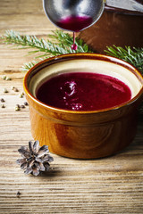 Traditional Christmas red beetroot borsch, top view