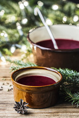 Traditional Christmas red beetroot borsch, top view