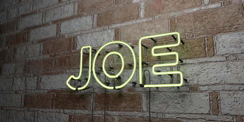 JOE - Glowing Neon Sign on stonework wall - 3D rendered royalty free stock illustration.  Can be used for online banner ads and direct mailers..