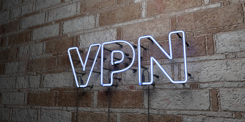 VPN - Glowing Neon Sign on stonework wall - 3D rendered royalty free stock illustration.  Can be used for online banner ads and direct mailers..