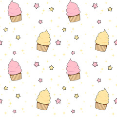 cute pink and yellow cartoon cupcake with stars seamless vector pattern background illustration
