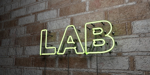 LAB - Glowing Neon Sign on stonework wall - 3D rendered royalty free stock illustration.  Can be used for online banner ads and direct mailers..