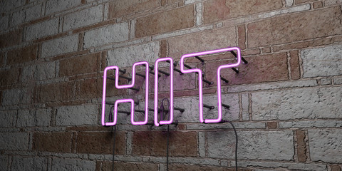 HIT - Glowing Neon Sign on stonework wall - 3D rendered royalty free stock illustration.  Can be used for online banner ads and direct mailers..