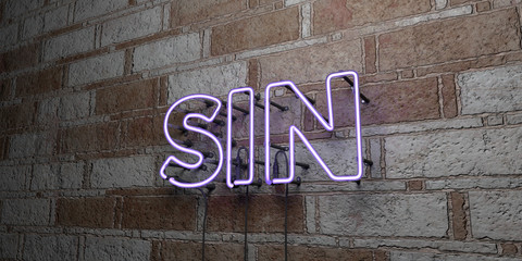 SIN - Glowing Neon Sign on stonework wall - 3D rendered royalty free stock illustration.  Can be used for online banner ads and direct mailers..