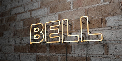 BELL - Glowing Neon Sign on stonework wall - 3D rendered royalty free stock illustration.  Can be used for online banner ads and direct mailers..