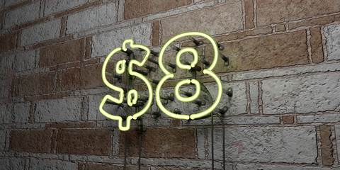 $8 - Glowing Neon Sign on stonework wall - 3D rendered royalty free stock illustration.  Can be used for online banner ads and direct mailers..