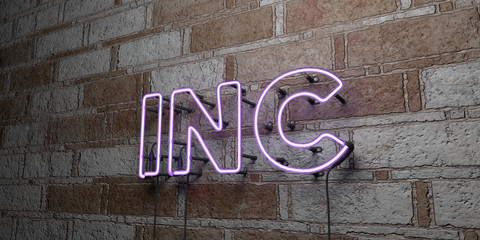 INC - Glowing Neon Sign on stonework wall - 3D rendered royalty free stock illustration.  Can be used for online banner ads and direct mailers..