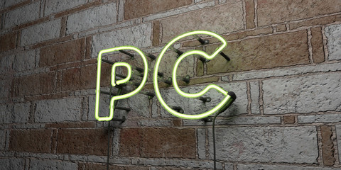 PC - Glowing Neon Sign on stonework wall - 3D rendered royalty free stock illustration.  Can be used for online banner ads and direct mailers..