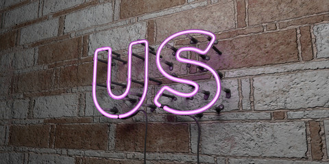 US - Glowing Neon Sign on stonework wall - 3D rendered royalty free stock illustration.  Can be used for online banner ads and direct mailers..