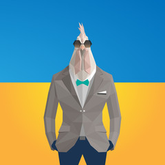 Stylish rooster in brown jacket .