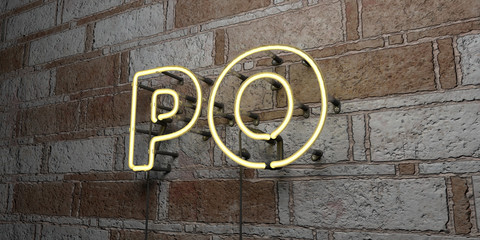 PO - Glowing Neon Sign on stonework wall - 3D rendered royalty free stock illustration.  Can be used for online banner ads and direct mailers..