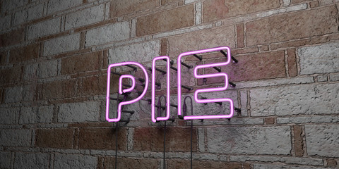 PIE - Glowing Neon Sign on stonework wall - 3D rendered royalty free stock illustration.  Can be used for online banner ads and direct mailers..