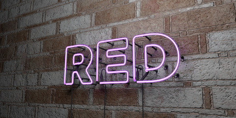 RED - Glowing Neon Sign on stonework wall - 3D rendered royalty free stock illustration.  Can be used for online banner ads and direct mailers..