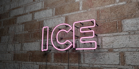 ICE - Glowing Neon Sign on stonework wall - 3D rendered royalty free stock illustration.  Can be used for online banner ads and direct mailers..