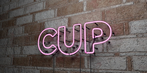 CUP - Glowing Neon Sign on stonework wall - 3D rendered royalty free stock illustration.  Can be used for online banner ads and direct mailers..