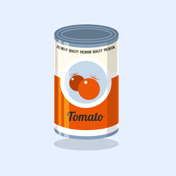 Tin Vector illustration Retro tin can with tomatoes on a light blue background