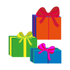Set of different colorful wrapped gift boxes. Flat design. Beautiful present with bow. Symbol and icon for Christmas gift box. Isolated vector illustration.