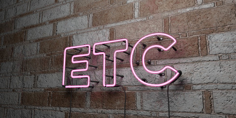 ETC - Glowing Neon Sign on stonework wall - 3D rendered royalty free stock illustration.  Can be used for online banner ads and direct mailers..