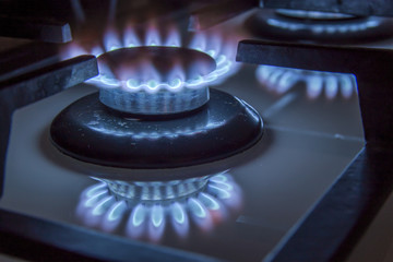 Burning gas stove hob blue flames close up in the dark on a blac