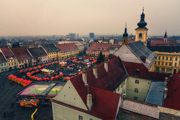 Christmas market seen from above in Sibiu, Romania