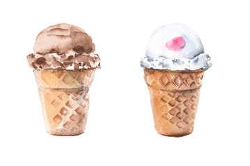 Ice cream in a waffle Cup. isolated on white background. Watercolor illustration.