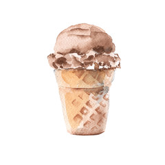 Ice cream in a waffle Cup. isolated on white background. Watercolor illustration.