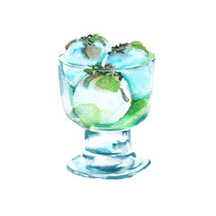Pistachio ice cream in a vase. isolated on white background. Watercolor illustration.