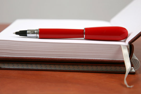 red pen lying on an open notebook