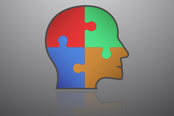 Business infographic element. Head shape icon with flat color puzzle pieces inside. Connected jigsaw in shape of human head with thick stroke with own reflection.