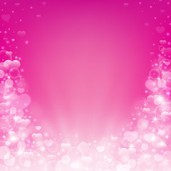 Beautiful romantic pink background with hearts, bokeh lights, stars and sparkles. Vector illustration.