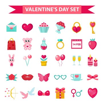 Valentines Day icon set, flat style. Love, romance and dating symbols collection, design element, object isolated on white background. Heart, love letter, flowers, gift. Vector illustration, clip art