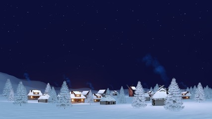 Calm rural winter landscape with cozy township covered with snow and snowy firs under clear starry...