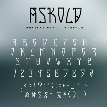 Celtic or runic typeface with uppercase letters, numbers and additional symbols. Slub serif font perfect for headers, games or metal albums.