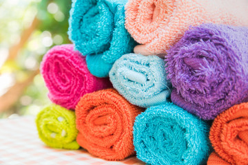 Closeup Multicolor towels with nature blur background