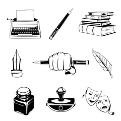 Writer design elements. isolated objects. vintage pen. ink, books
