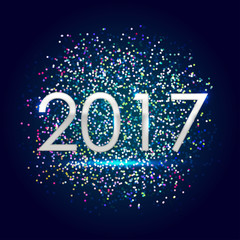 Happy New Year 2017 Greeting or Invitation Card Template. Vector Confetti with Light Effect on Dark Background.