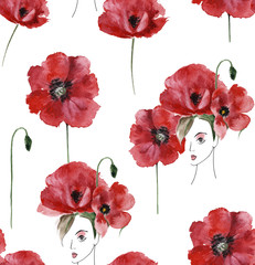 Seamless pattern of girls and poppies, watercolor